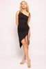 Night-out ready asymmetrical dress with stretch fabric, single strap detail, and sculpted silhouette