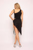 Sleek and sultry midi dress featuring curve-hugging fit, adjustable tie-up slit, and asymmetrical cut
