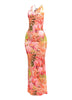 Sleeveless tropical maxi dress with pull-on fit and bold hibiscus pattern

