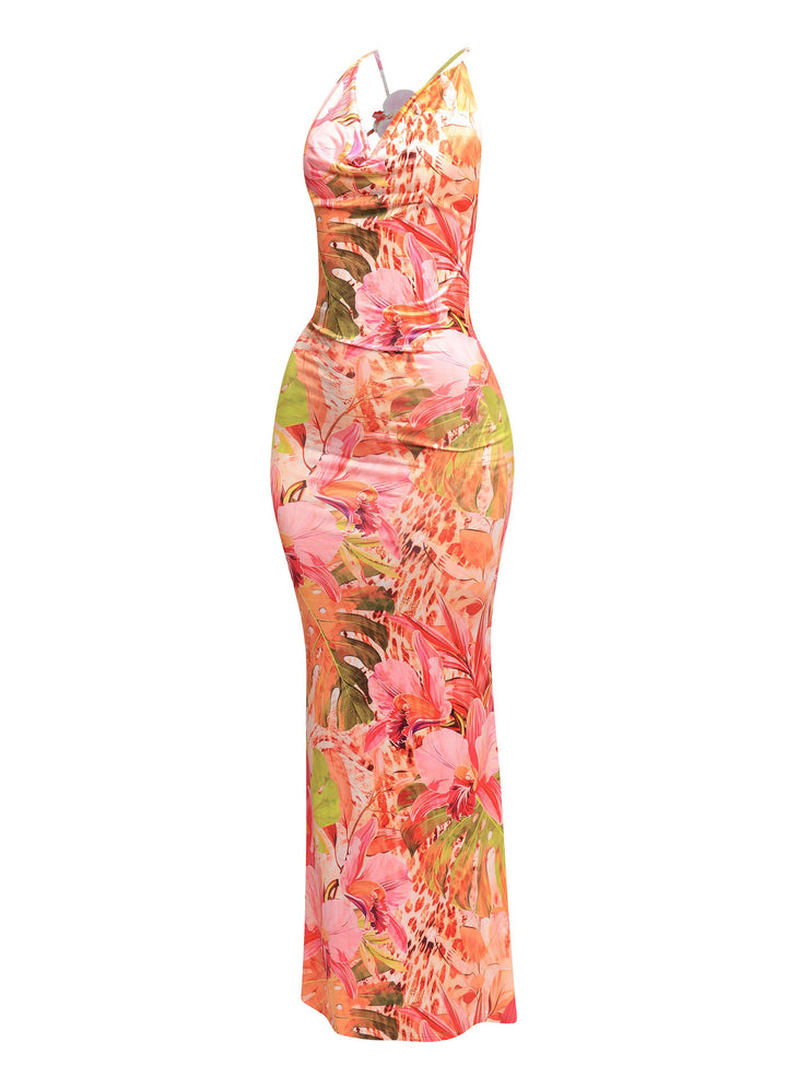 Sleeveless tropical maxi dress with pull-on fit and bold hibiscus pattern

