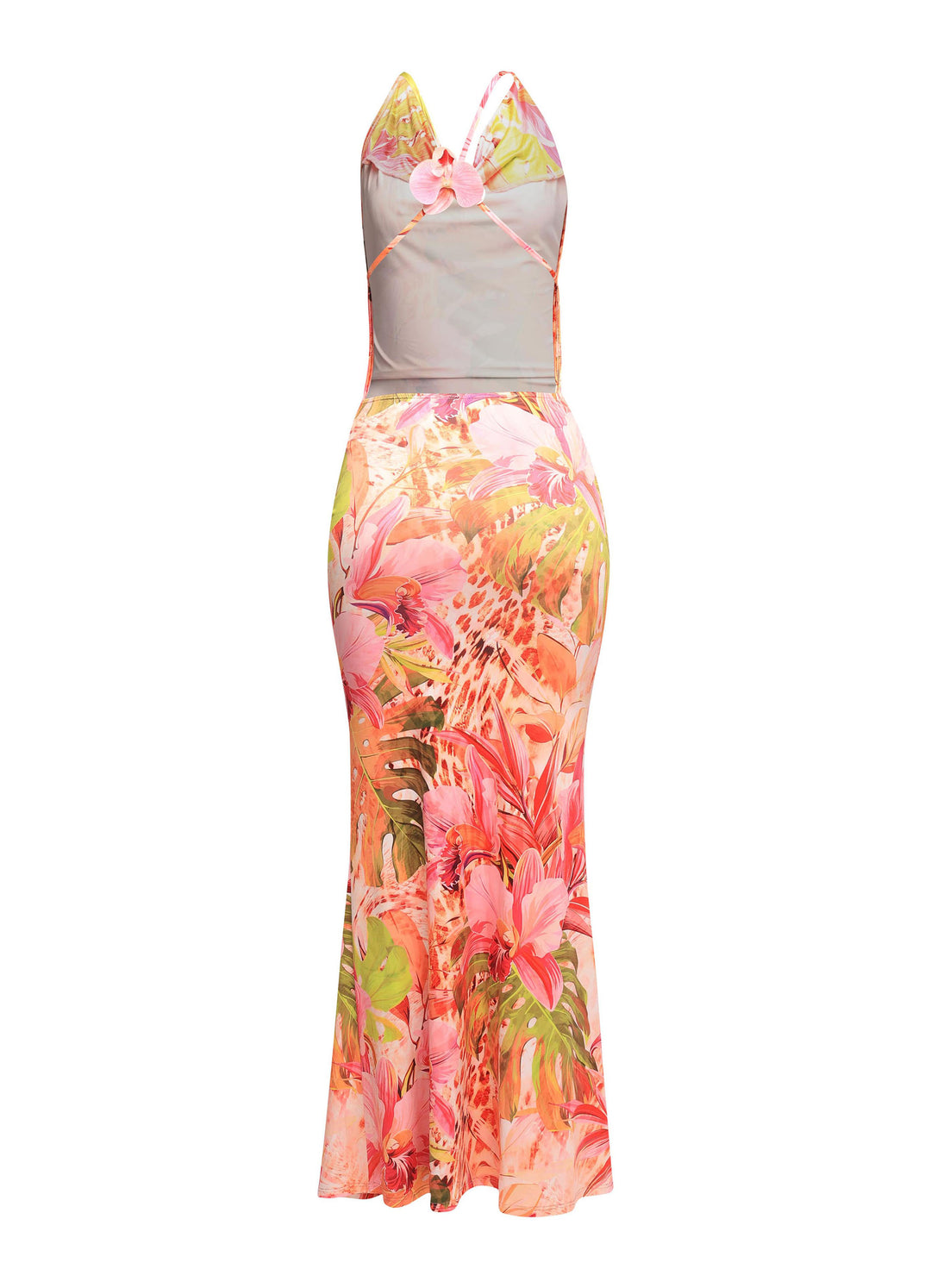 Slim-fit summer floral dress with vibrant pink and green print and flared bottom

