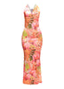 Tropical floral spaghetti strap maxi dress with cowl neckline and flared hem

