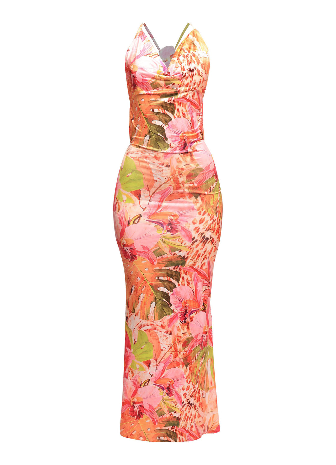 Tropical floral spaghetti strap maxi dress with cowl neckline and flared hem

