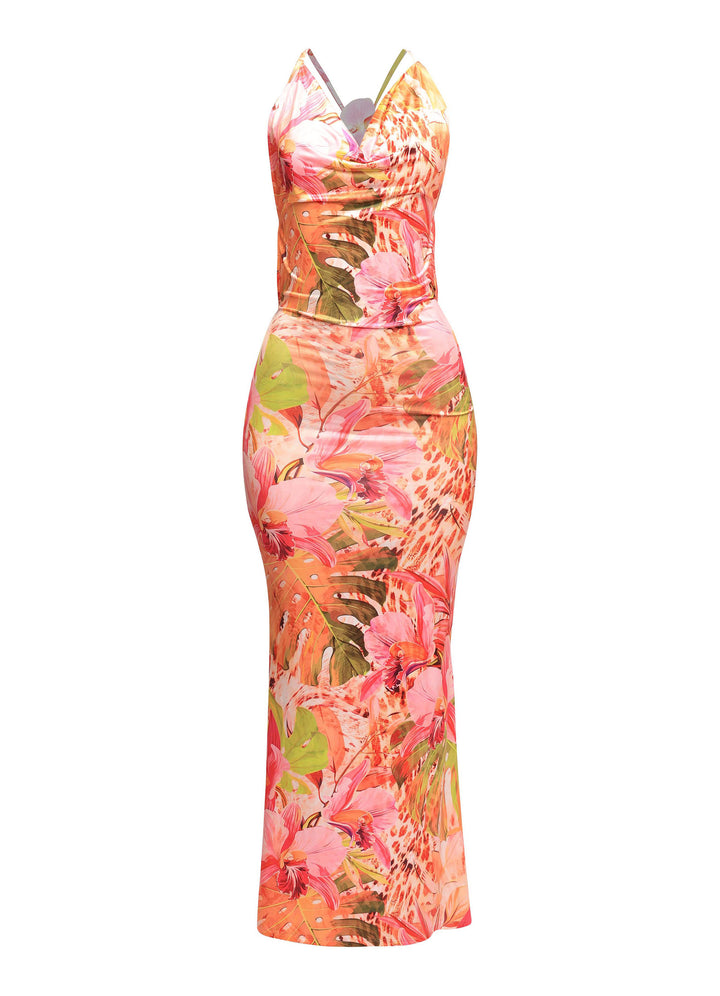 Tropical floral spaghetti strap maxi dress with cowl neckline and flared hem

