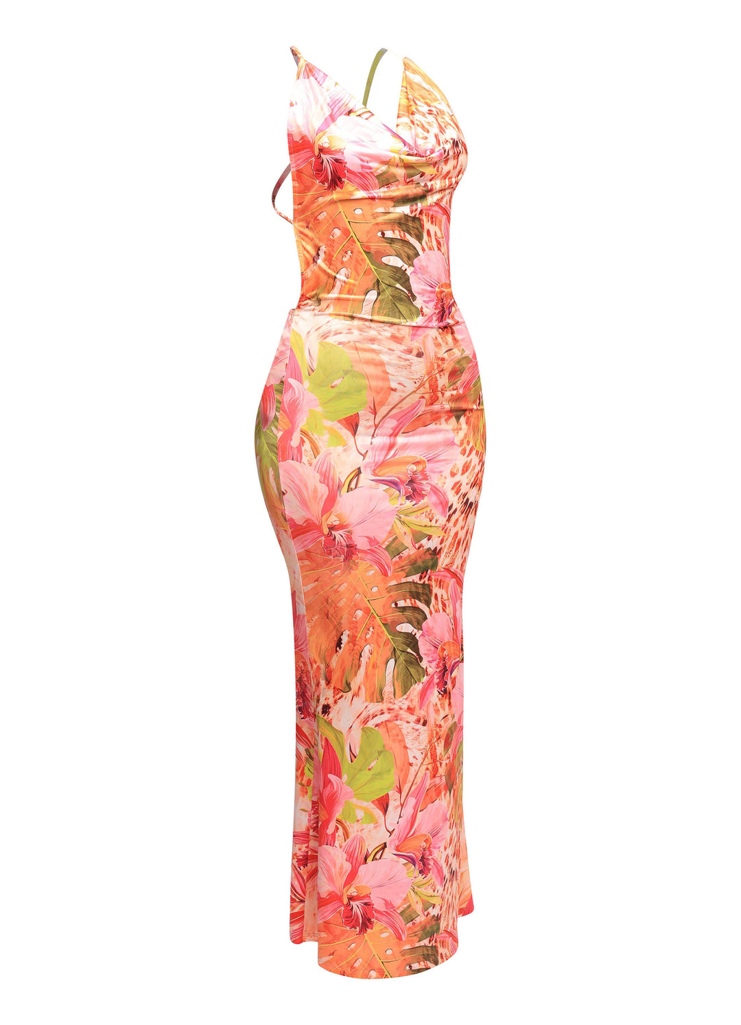 Backless cross-strap pink tropical dress with fitted waist and stretch fabric


