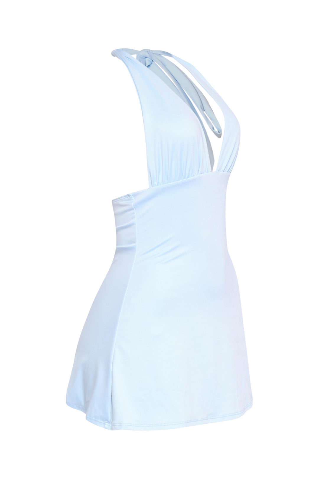 Powder blue beach-to-brunch mini with resortwear vibes and sultry plunge

