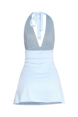 Dreamy baby blue halter mini perfect for spring styling and vacation days

