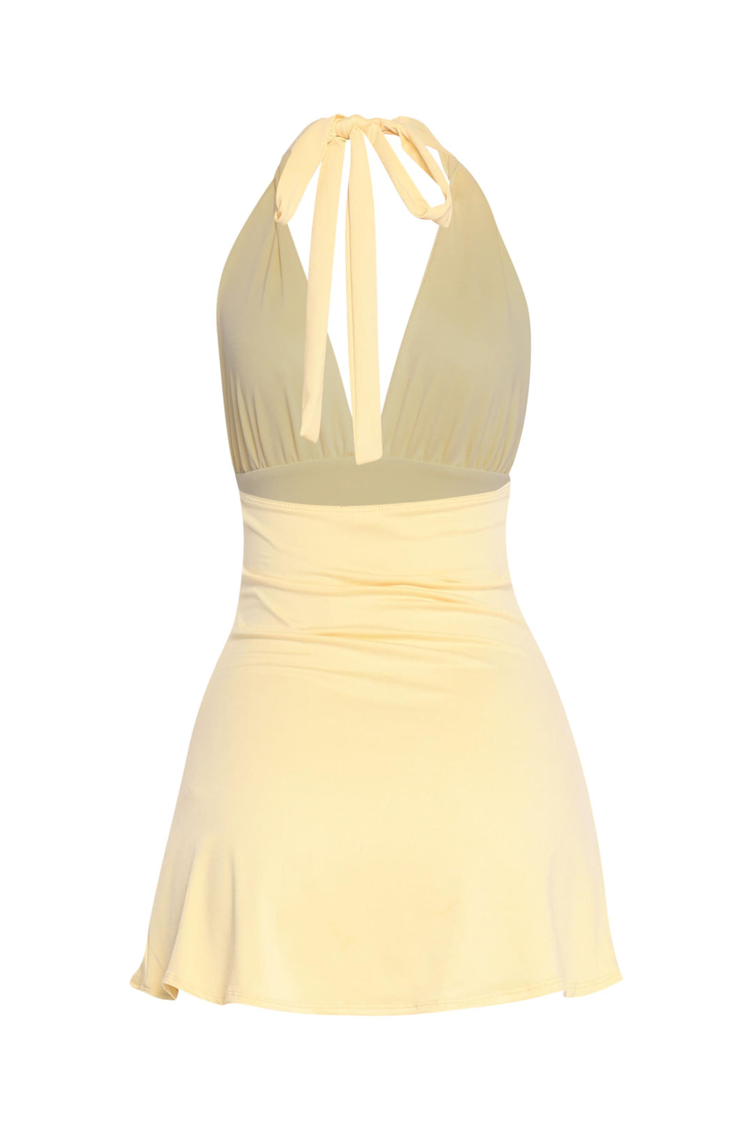 Vibrant yellow halter mini with flattering flare and sexy neckline

