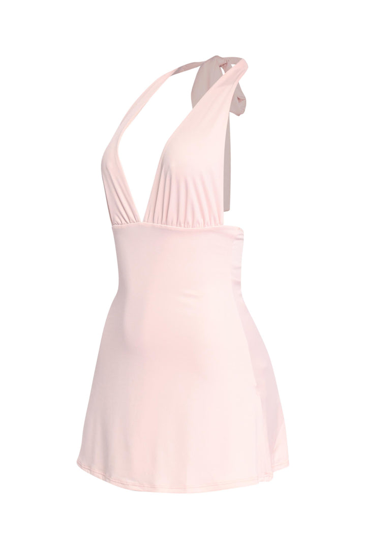 Dreamy pastel pink halter dress with stretch fit and gathered bust

