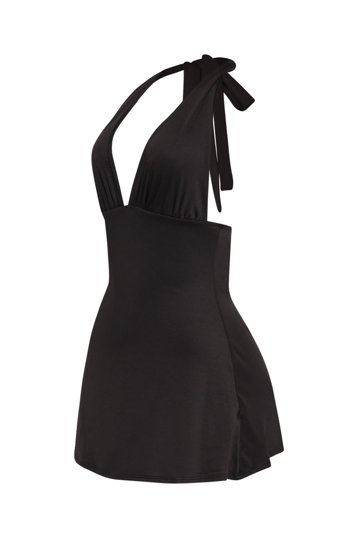 Elegant halter mini in black with dramatic plunge and flirty shape


