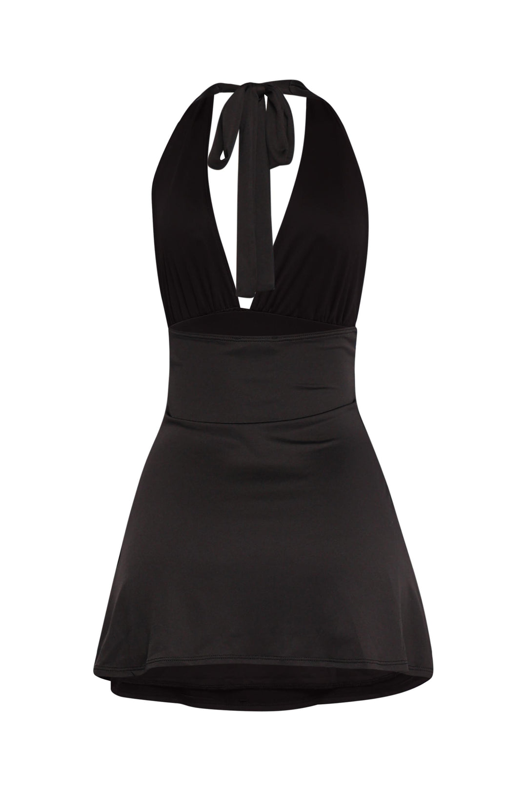 Sexy black halter dress with low back and flared hem for chic styling

