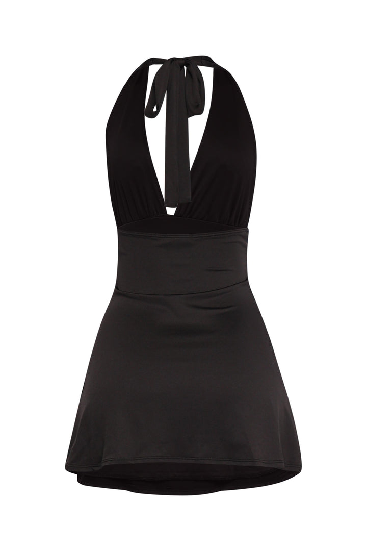 Sexy black halter dress with low back and flared hem for chic styling

