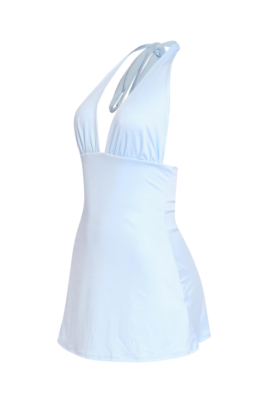 Sky blue sleeveless mini dress with body-hugging silhouette and flared hem

