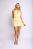 Pale yellow summer dress with curve-hugging waist and soft stretch fabric

