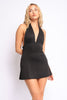 Sleek black halter mini dress with plunging neckline and tie closure

