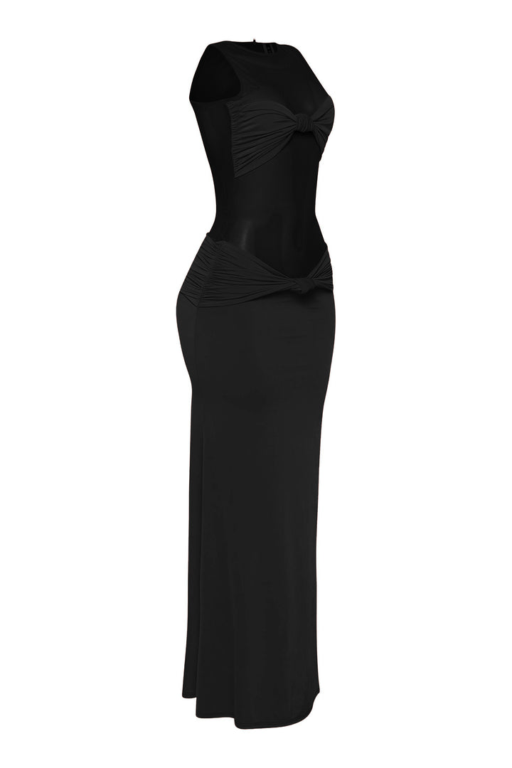 Elegant black see-through paneled long dress with bodycon fit