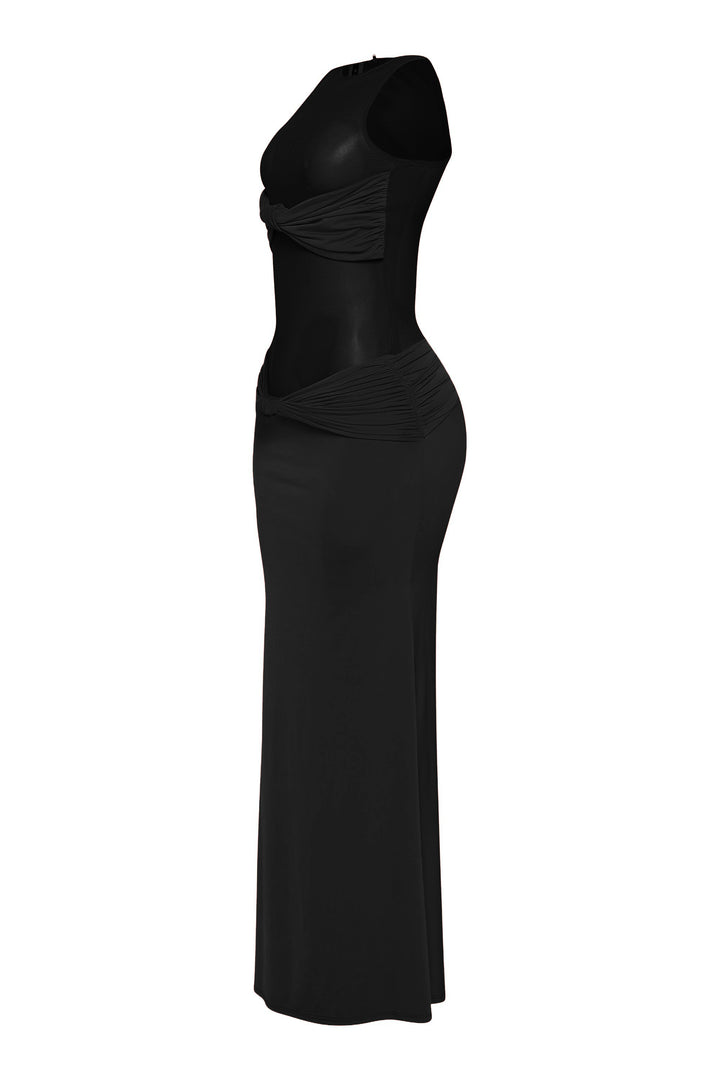 Curve-hugging black maxi dress with mesh bodice and stretch fabric