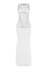 White sleeveless mesh maxi dress with sheer bodice and flare hem