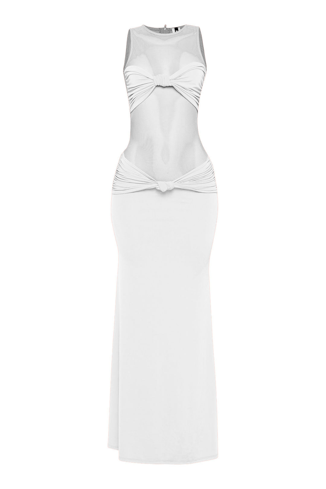 White sleeveless mesh maxi dress with sheer bodice and flare hem