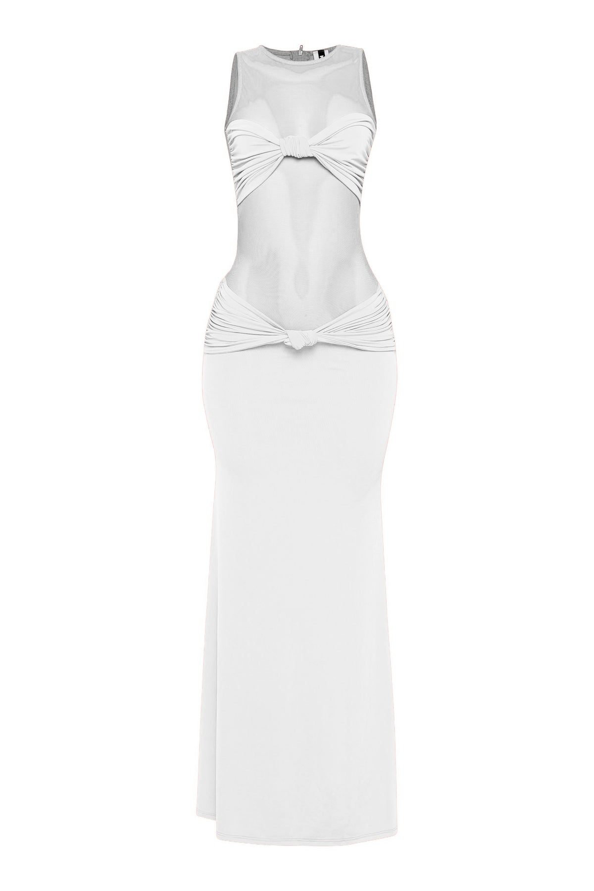 White sleeveless mesh maxi dress with sheer bodice and flare hem