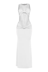 White sleeveless mesh maxi dress with sheer bodice and flare hem