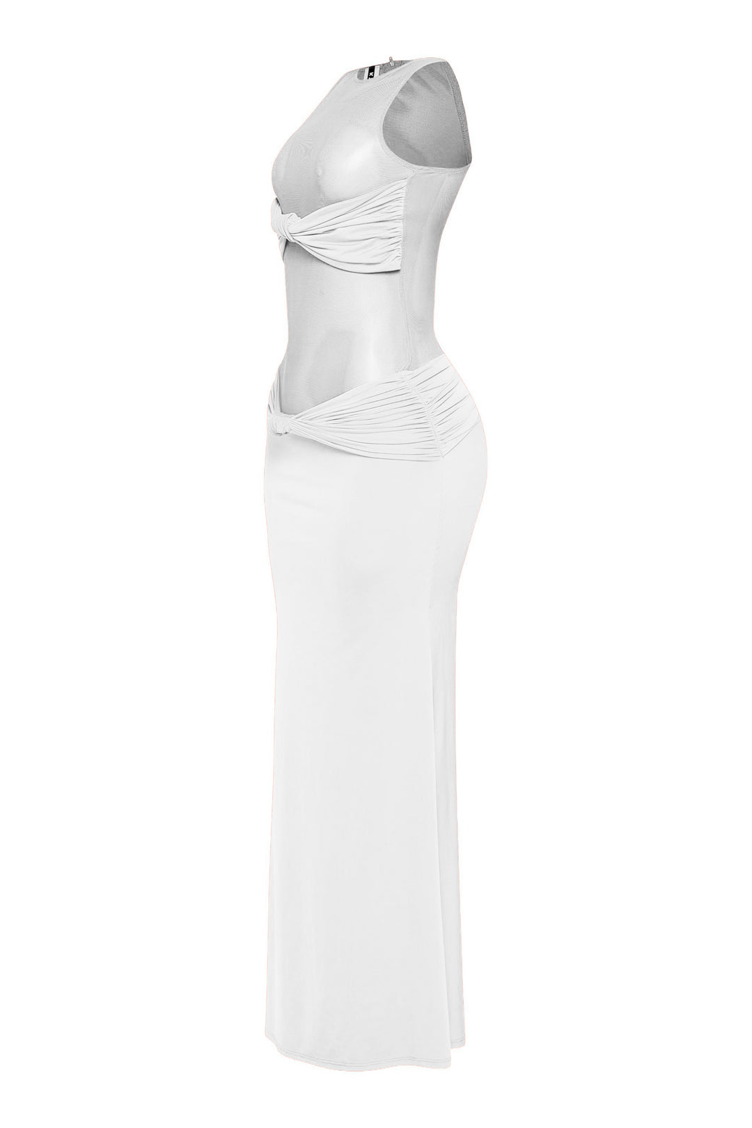 White semi-sheer long dress with illusion neckline and sleek finish