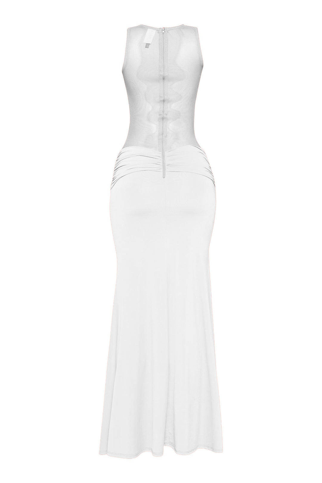Minimalist white mesh and stretch bodycon maxi with subtle flare