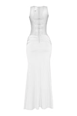 Minimalist white mesh and stretch bodycon maxi with subtle flare