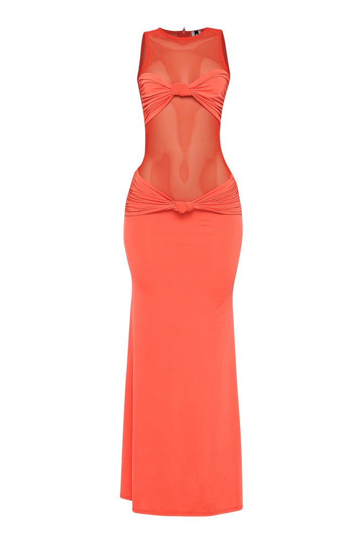 Orange mesh bodice maxi dress with sheer top and slim fit silhouette