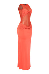 High slit illusion orange dress with sheer contrast and flared bottom