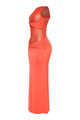  Bright orange stretch dress with see-through top and zipper closure