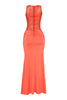 Statement orange sheer paneled long dress with round neckline