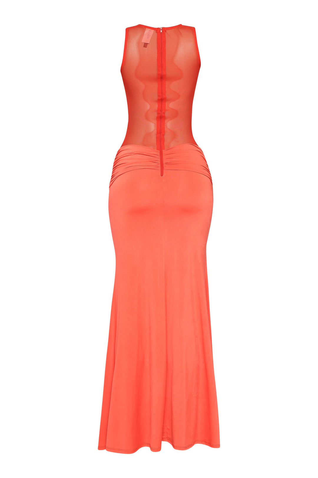 Statement orange sheer paneled long dress with round neckline