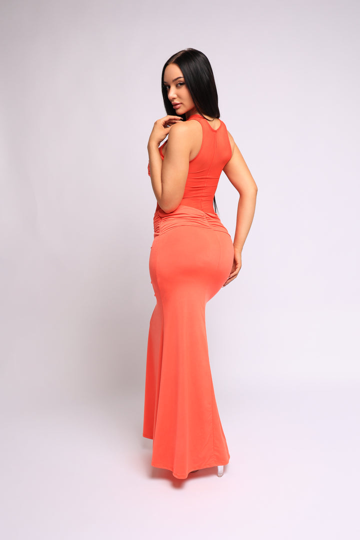 Bare Illusion Mesh Contrast Maxi Dress.