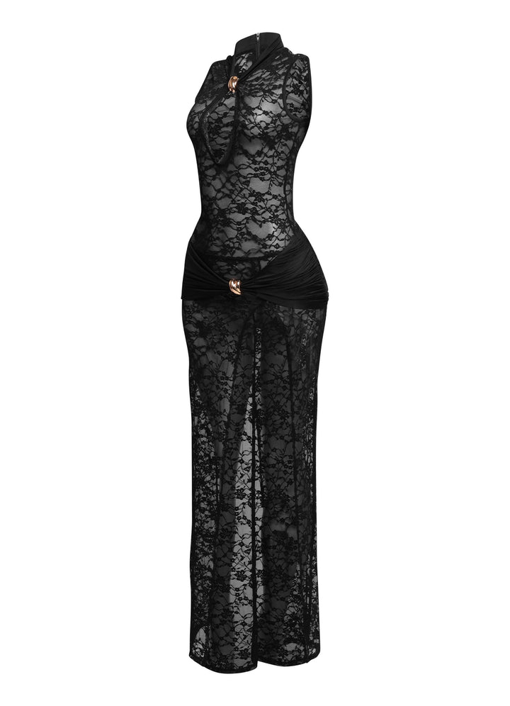 Elegant black mesh lace dress with ruched waist and gold detail

