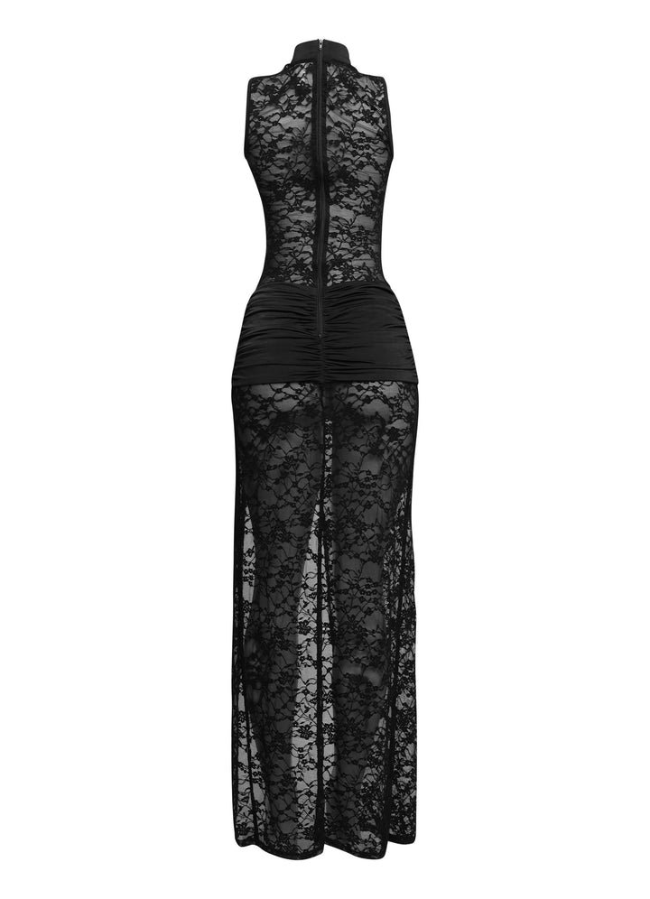 Black lace sleeveless maxi with side slit and body-hugging fit


