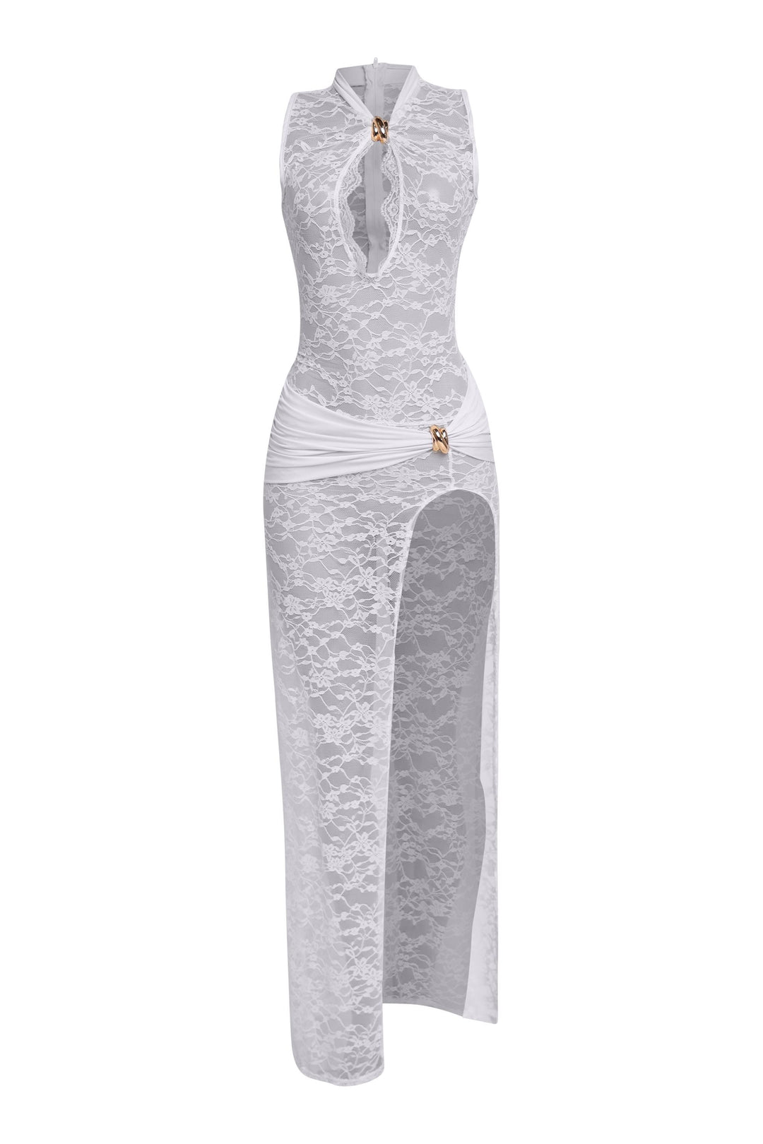 White lace maxi dress with sheer floral mesh and gold accent details

