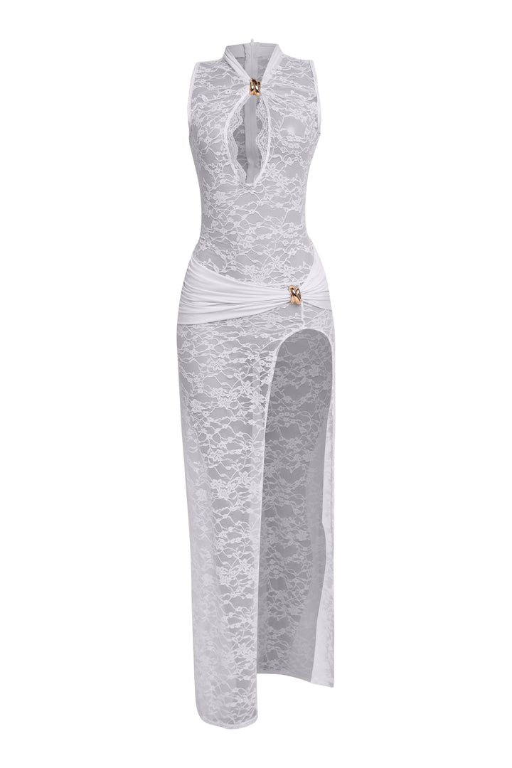 White lace maxi dress with sheer floral mesh and gold accent details


