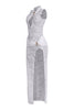 Bodycon white lace dress with slit and elegant gold hardware

