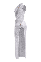 Bodycon white lace dress with slit and elegant gold hardware

