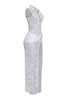 White sleeveless lace gown with waist draping and keyhole front

