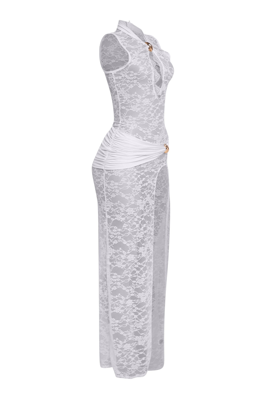 White sleeveless lace gown with waist draping and keyhole front

