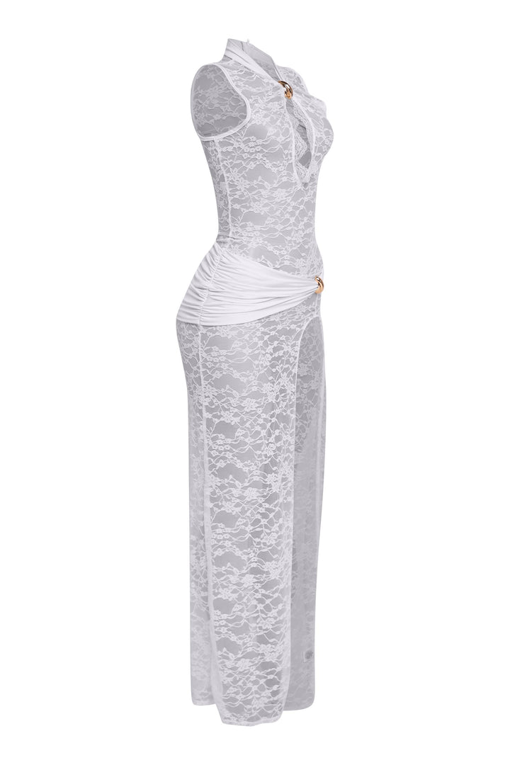White sleeveless lace gown with waist draping and keyhole front

