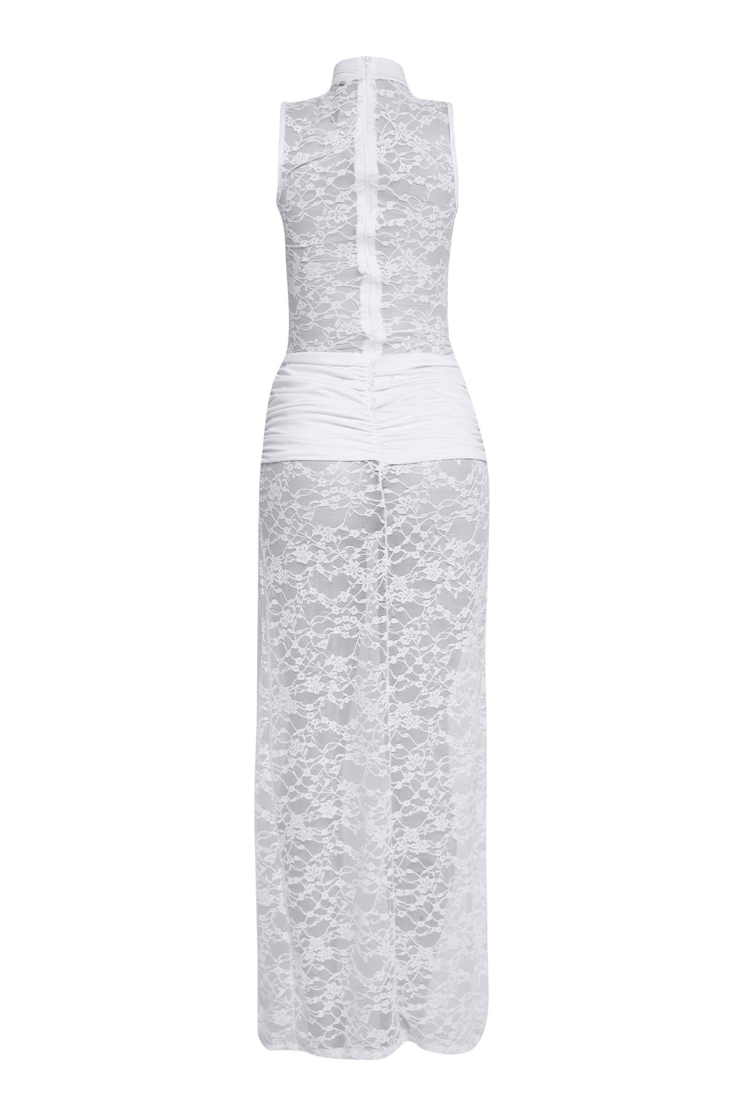Sexy sheer white lace maxi with see-through fabric and luxe vibe

