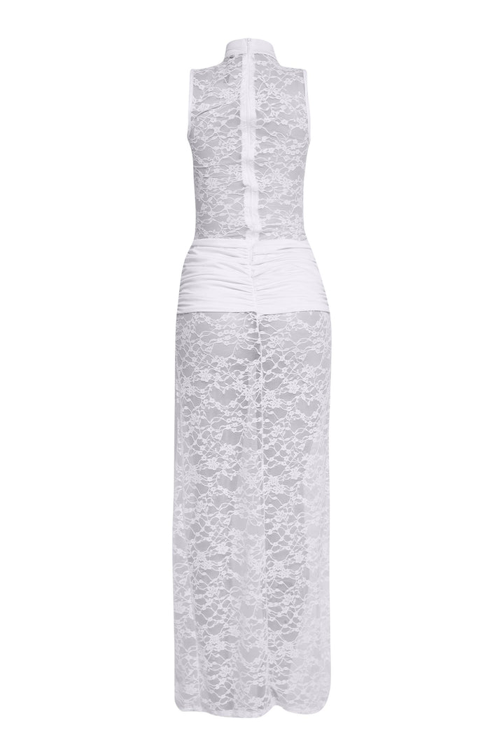 Sexy sheer white lace maxi with see-through fabric and luxe vibe

