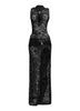 Sheer black lace maxi dress with gold trim and keyhole neckline

