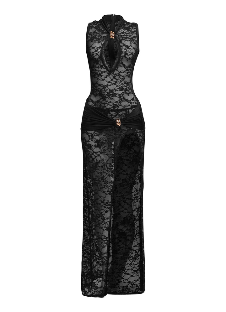 Sheer black lace maxi dress with gold trim and keyhole neckline

