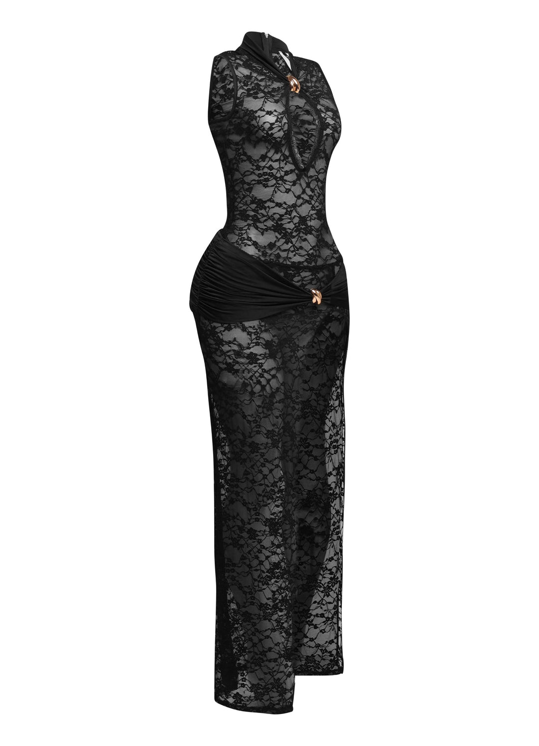Black lace sleeveless maxi with side slit and body-hugging fit
