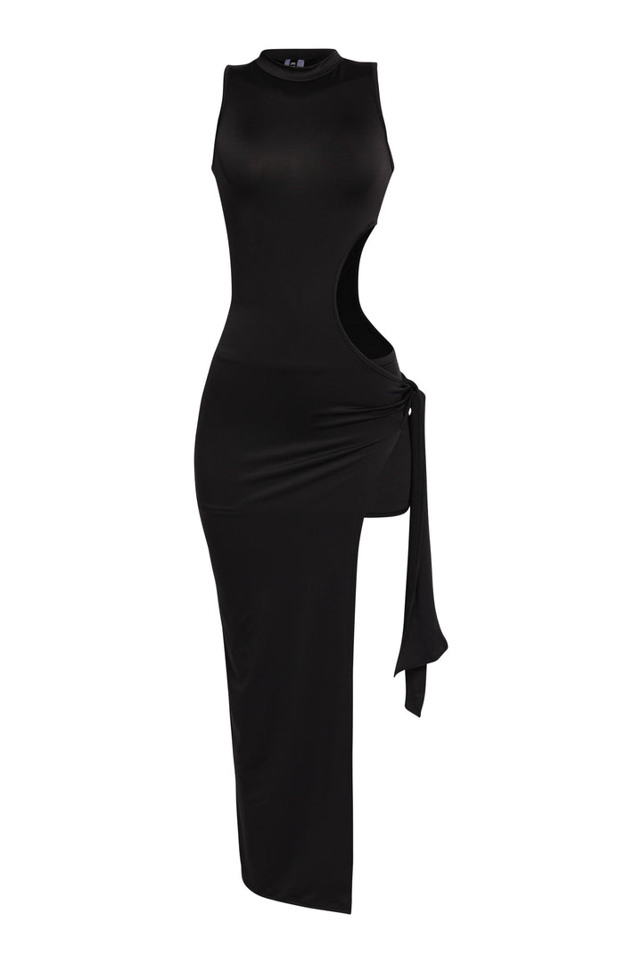Black sleeveless cutout maxi with slit detail and mock neck

