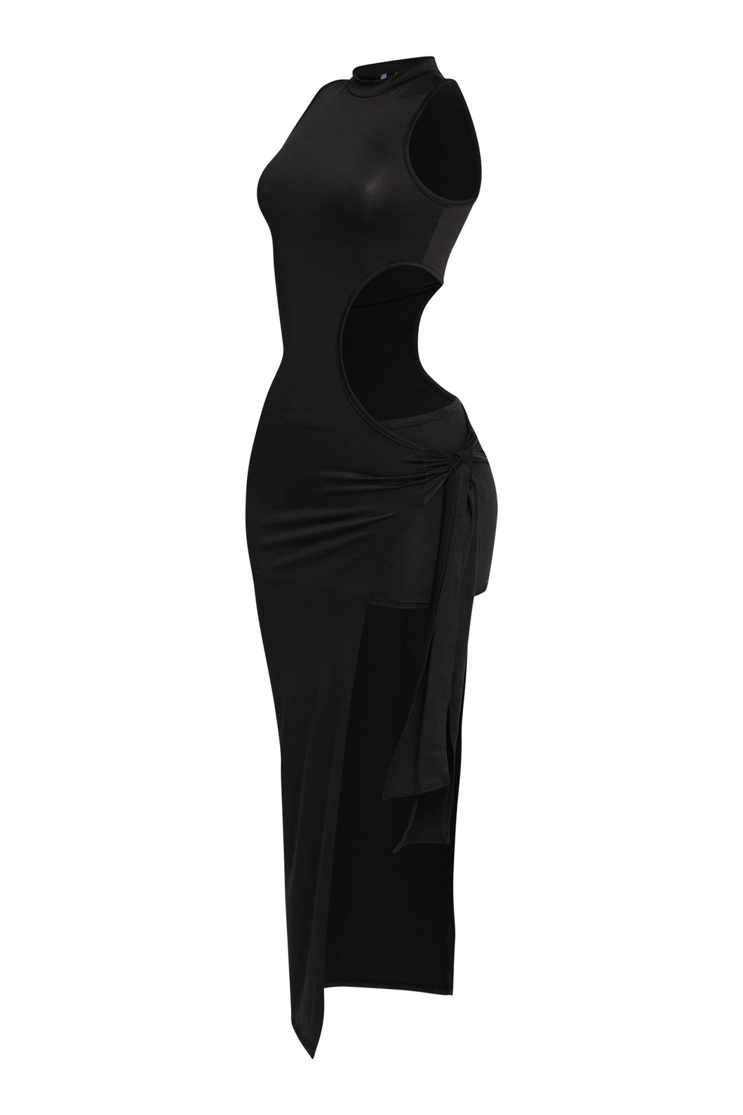 Sleek black bodycon maxi dress with side tie and thigh slit

